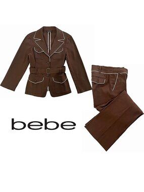 Bebe Vintage Linen Pant Suit | Dark Rum/Brown w/White Trim & Belt | EUC